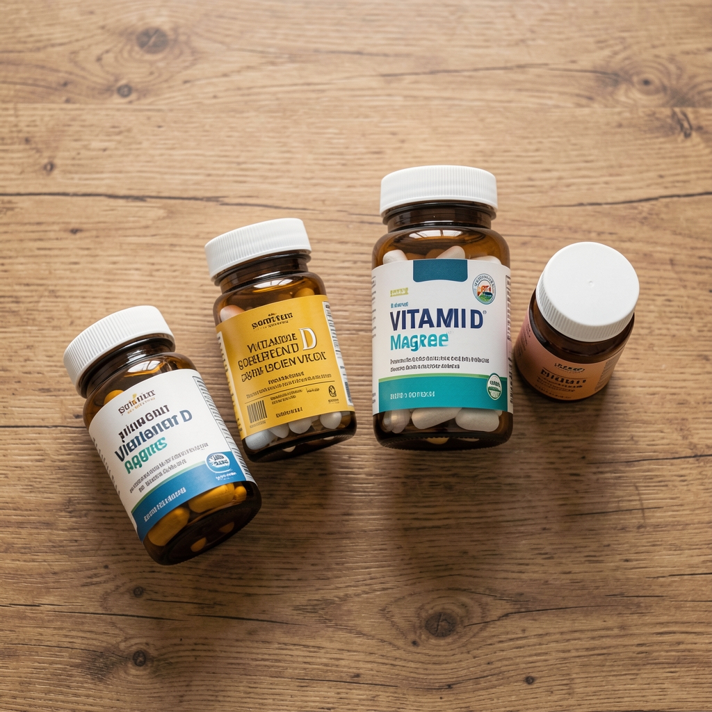 Supplement containers arranged on a wooden desk surface, vitamin D and magnesium bottles, editorial flat lay composition with soft daylight