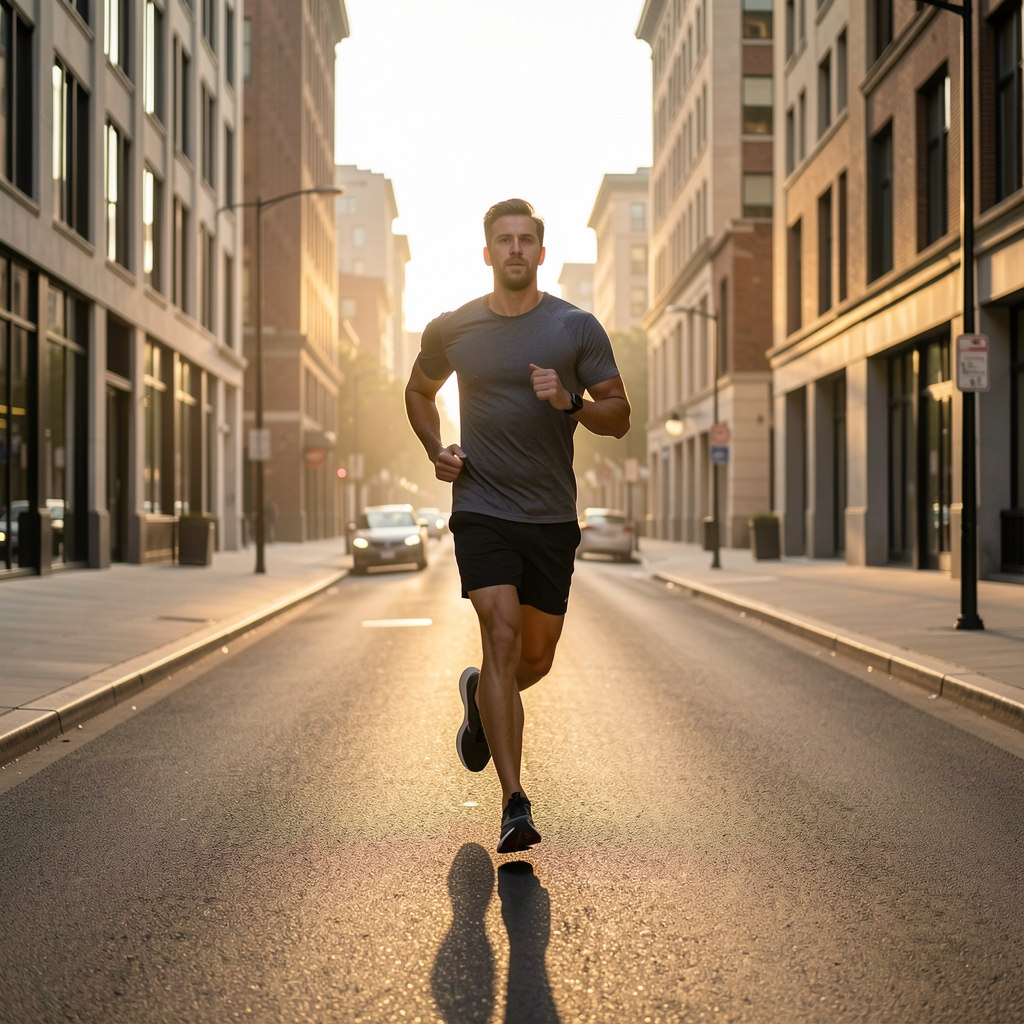 Morning run on an empty street at early dawn light, male figure in motion, editorial composition with long shadows and clean urban environment