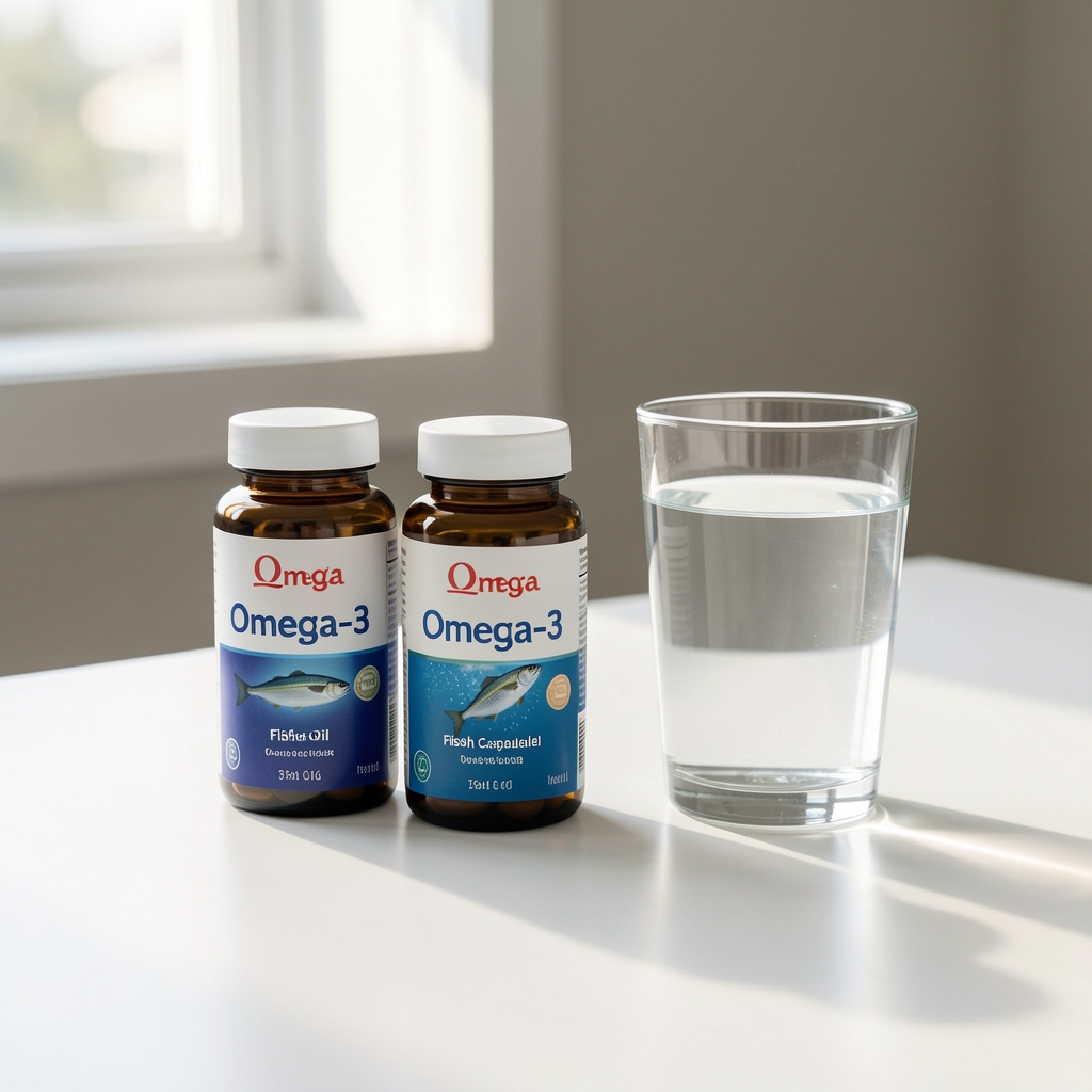 Omega-3 fish oil capsule containers and a glass of water on a clean white desk, morning natural light from a window, editorial still life