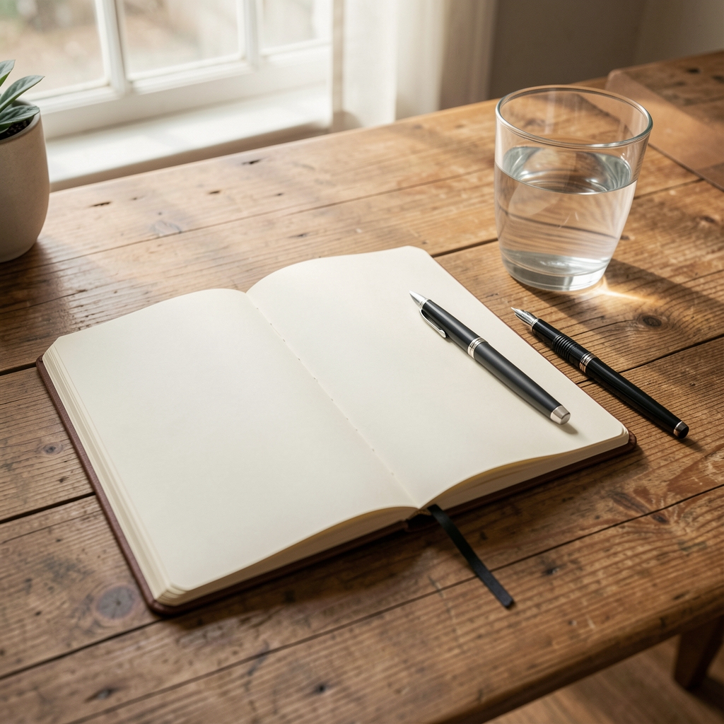 Open notebook on a wooden desk alongside a glass of water and a pen, editorial morning workspace composition